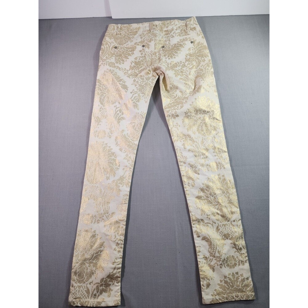 Women’s White Gold Metallic Damask Skinny Jeans High Rise Slim Fit Pants Size S - Picture 3 of 7